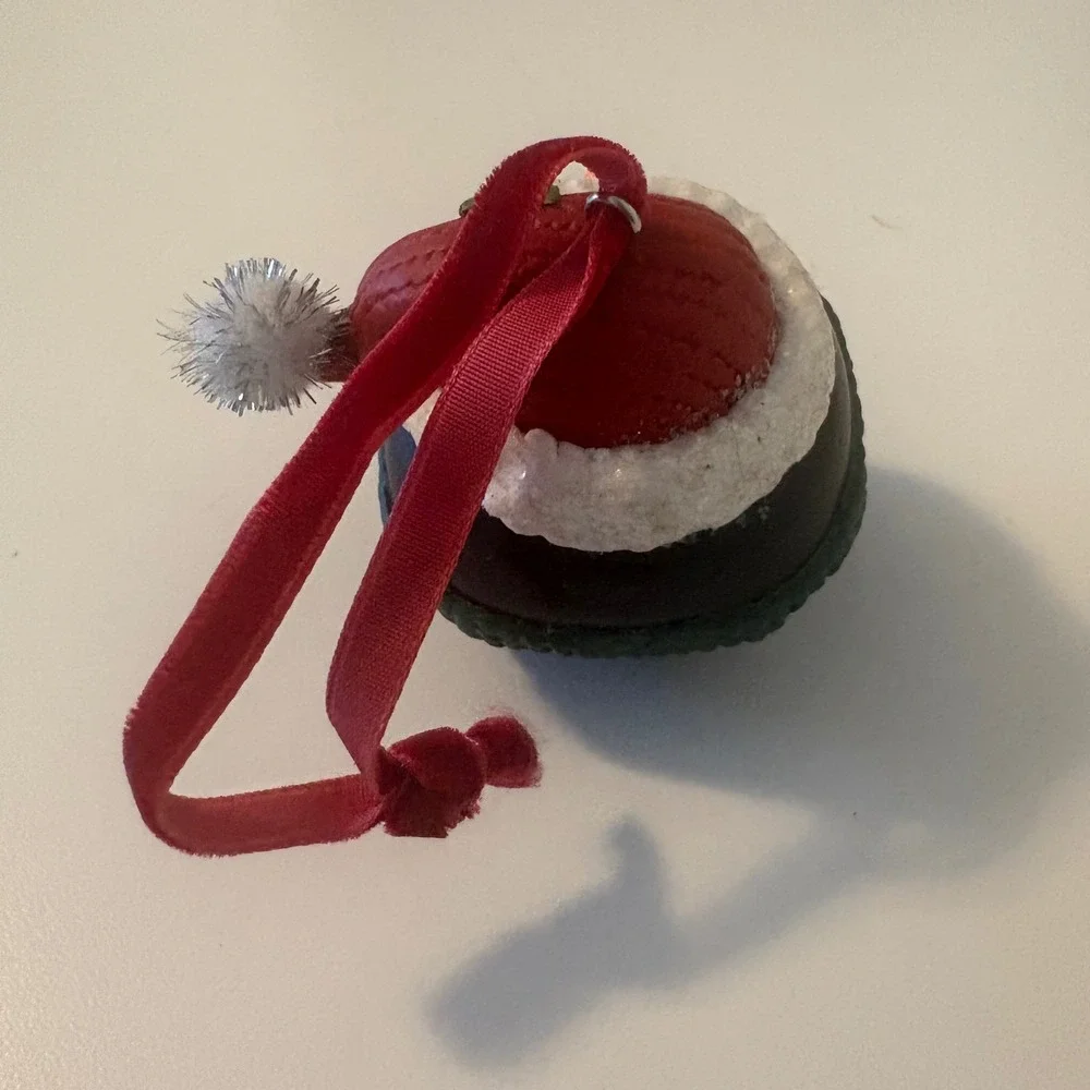 Penguin Jingle Bell Christmas Ornament Santa Hat Green Scarf Red Velvet Ribbon